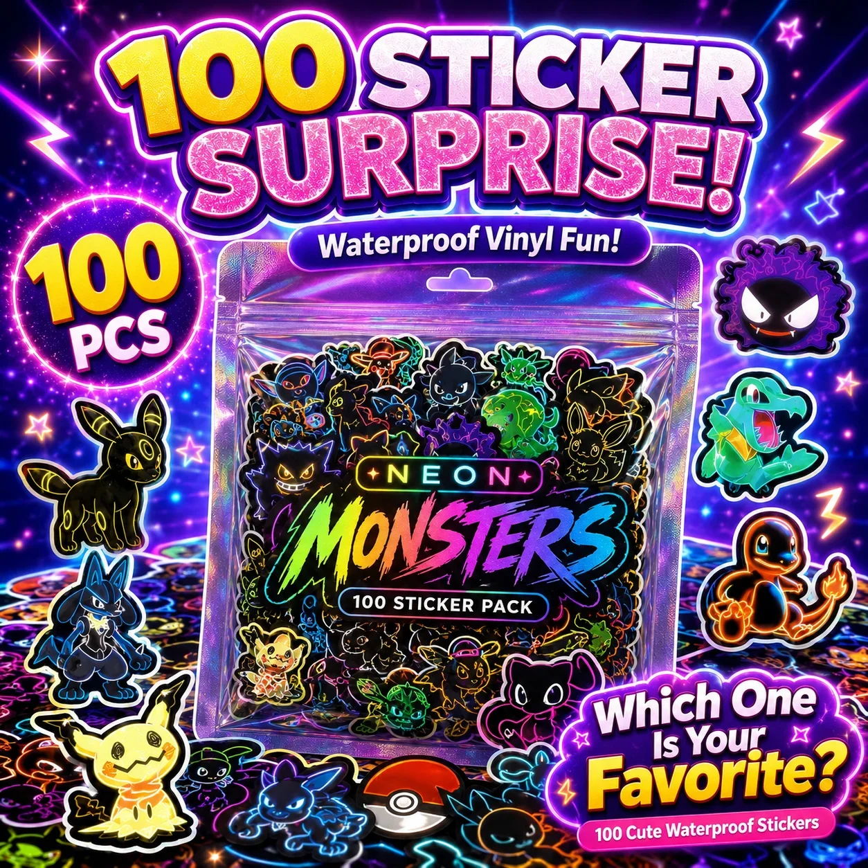 Skateboard - 100pcs Neon Pokémon Stickers Waterproof DIY
